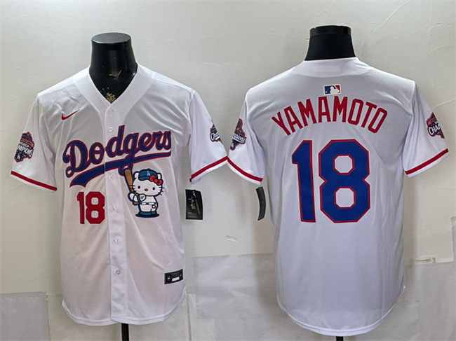 Men's Los Angeles Dodgers #18 Yoshinobu Yamamoto White Hello Kitty Night 2025 World Series Champions Patch Stitched Baseball Jersey