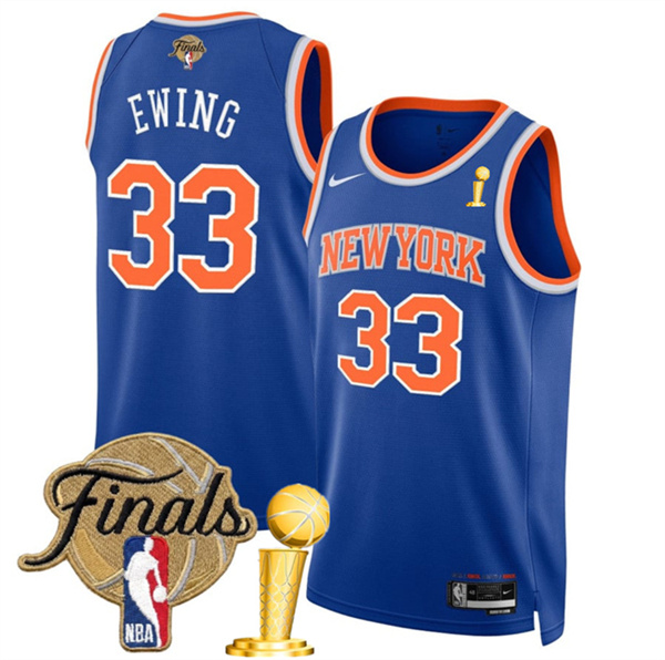 Men's New Yok Knicks #33 Patrick Ewing Blue 2026 Finals Patch And Finals Champions Patch Icon Edition Stitched Basketball Jersey