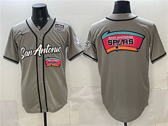 Men's San Antonio Spurs Team Big Logo Gray USA 250' Patch Stitched Baseball Jersey