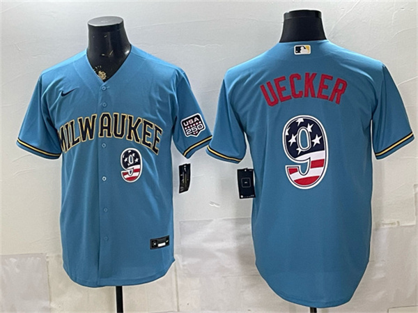 Men's Milwaukee Brewers #9 Bob Uecker Blue 2026 USA 250 Fourth of July Home Stadium Stitched Baseball Jersey