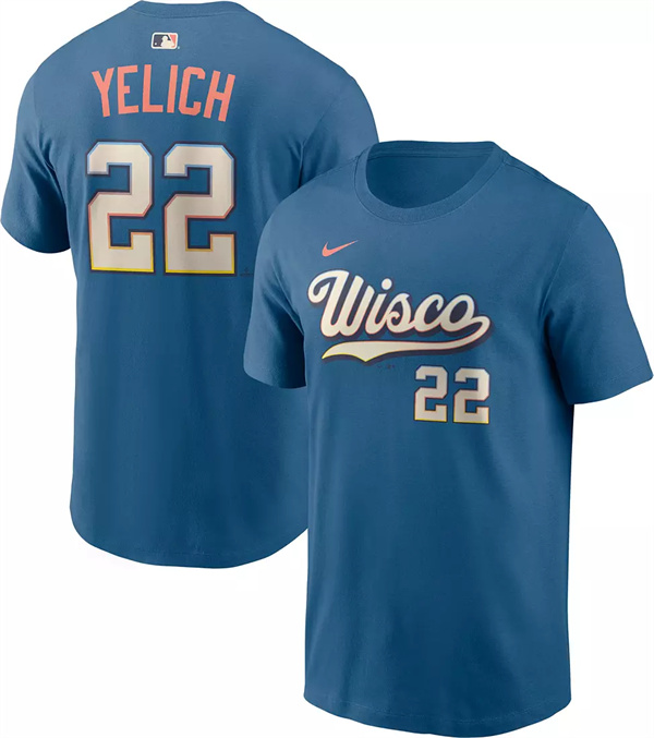 Men's Milwaukee Brewers #22 Christian Yelich Mineral Blue 2026 City Connect T-Shirt